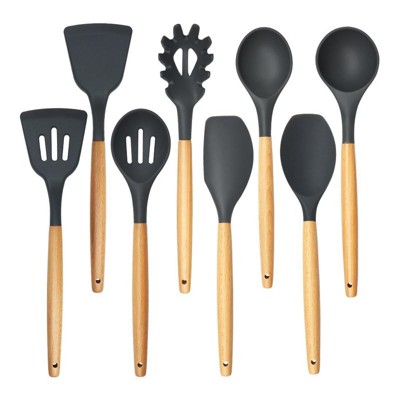 Ustensile de Bucătărie Spatulă Silicon Lingură Polonic pentru Supă Spatulă Perforată Server pentru Paste Ustensile de Gătit din Silicon Antiaderent cu Mâner de Lemn