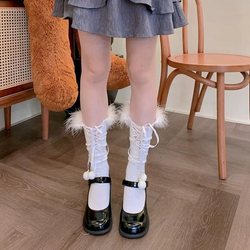 Womens Ruffle Socks Calf Socks Cute Feather Trim Socks Thin Middle Tube Stockings Summer Breathable Thin Socks