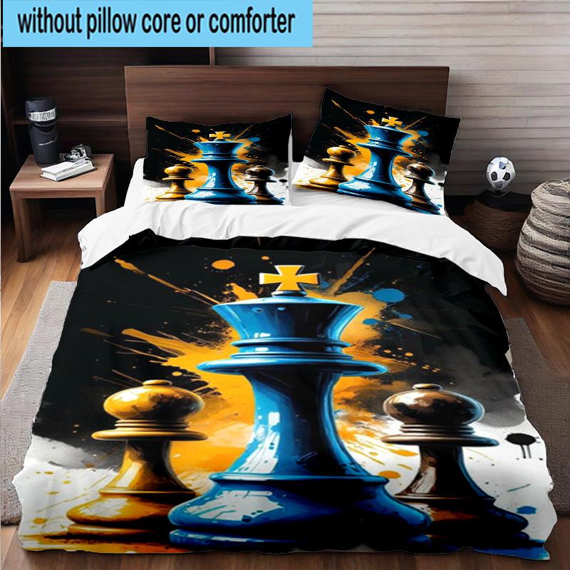 Golden Chess King On Black 3pcs Bedding,Including 1pc Duvet Cover And 2pcs Pillowcases Perfect for Christmas,Ideal for Bedroom, Dormitory
