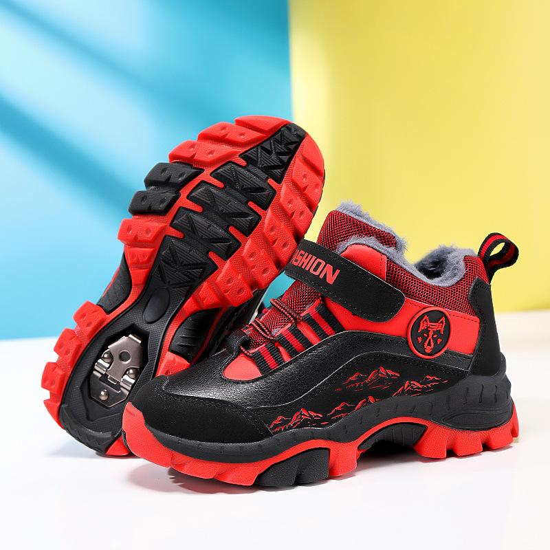 2025 Winter New Boys' Sports Cotton Shoes Leather Waterproof Strap Steel Claw Anti-Slip Fleece Warm Snow Cotton Shoes Men
