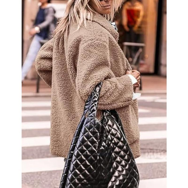 Lamb Wool Coat for Women Long Sleeves Turndown Collar  Medium Length Cotton Jacket Solid Color Warm Comfortable Autumn and Winter