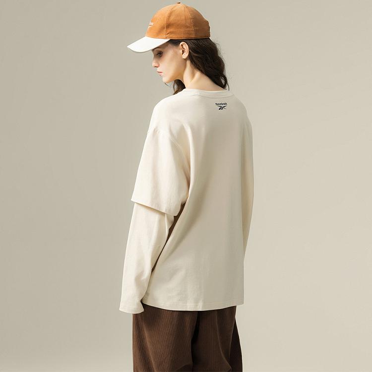 Reebok Fashion Retro Loose Simple Fake Two-Piece Round Neck Long Sleeve T-Shirt Unisex Tops Beige 24FRM505UGM1