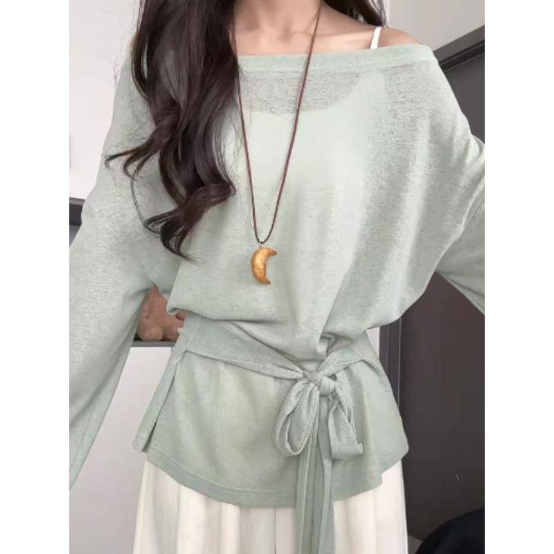 

Mambo Green Ice Silk Tulle Sun Protection Cover up Women Summer Outdoor Slightly Transparent Long sleeves Shirt Waist Hugging off-the-Shoulder Top Green S