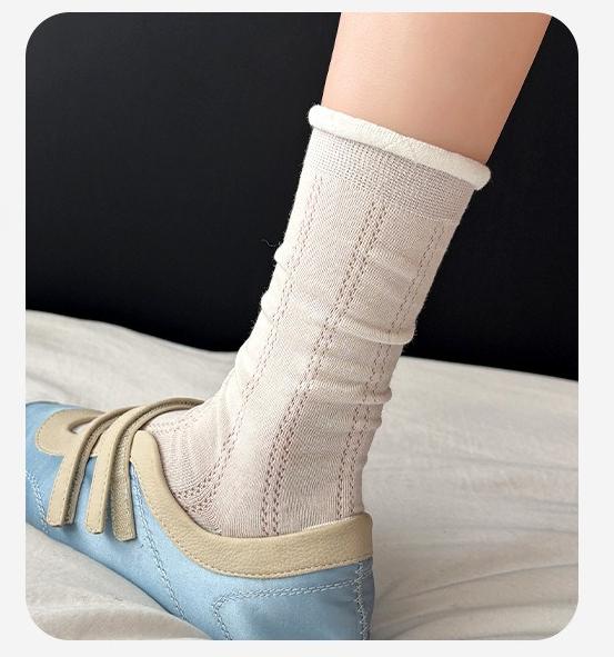 Damen Sommer Leichte Baumwollsocken mit Spitzenrand, offene Strickweise, Tubeless, mit Netzbelüftung, Ballettschnitt, Wadenlänge, ohne Knochen.