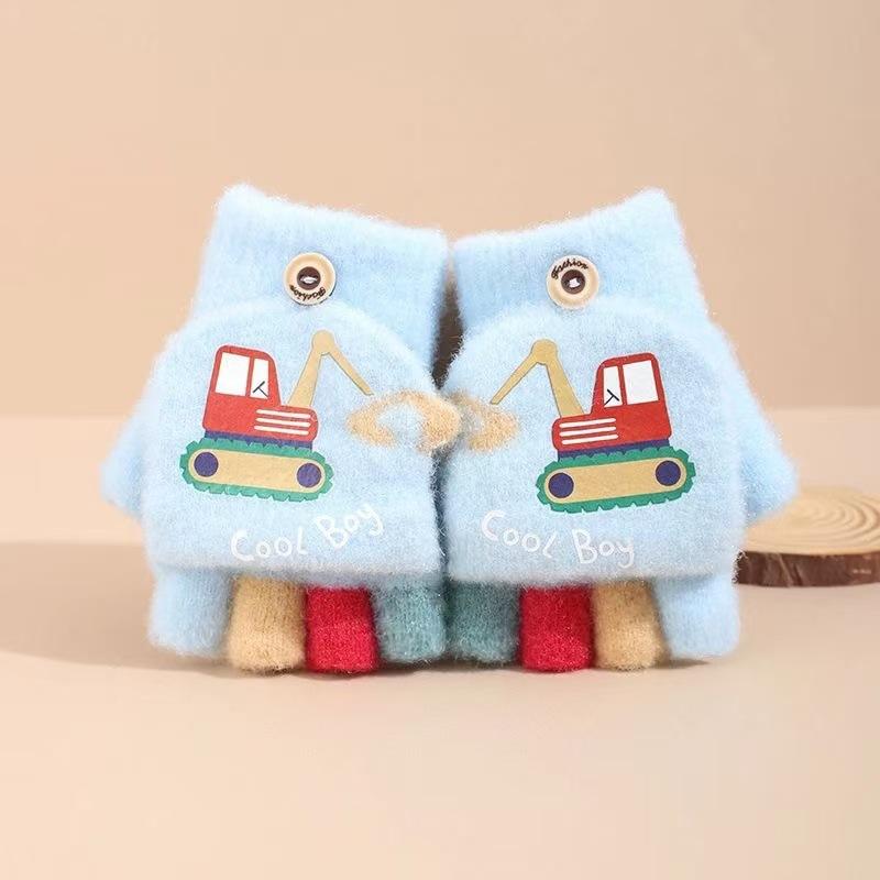 Boys Cartoon Digging Half-finger Gloves Children's Cold-proof and Warm Flip-top Finger Gloves Little Boy's Velvet Primary School Student Gloves