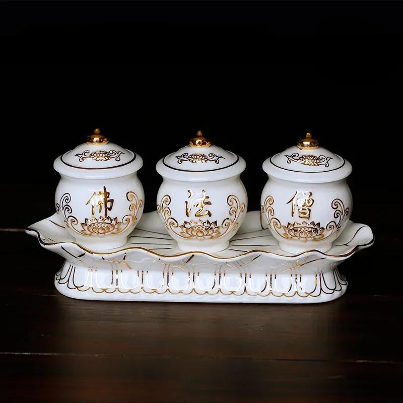 Chinese ceramic Guanyin water supply cup, three supply cups, Buddha cup offering ornaments feng shui  Buddhism