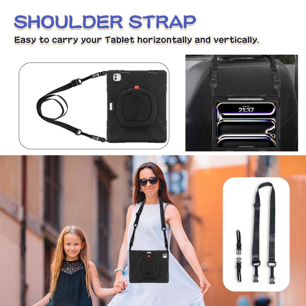 For iPad Pro 13 (2024) Case with Shoulder Strap TPU+PC+Silicone Kickstand Tablet Cover