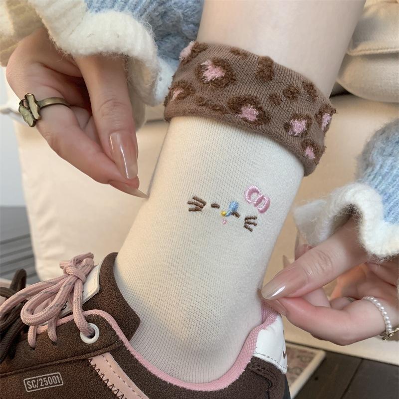 Cartoon Embroidery Cat Twist Rolled Hem Socks Leopard Print Cuffed Mid-Leg Socks Fashionable Wear Piles Of Socks Outside