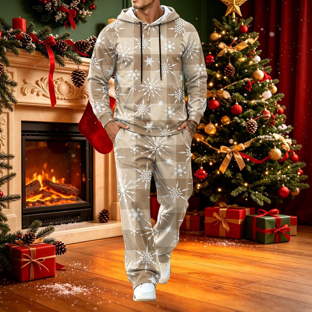 Men's Casual Hoodie and Wide-Leg Pocket Pants Set Loose Fit Christmas Print Sweatsuit for Holiday Lounging