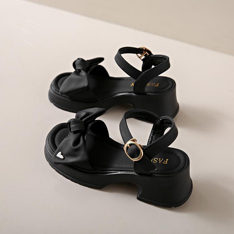 Fashion 2024 Summer New Fashion Round Toe Open Toe Bow Button Solid Color Outwear Sexy and Comfortable High Heel Sandals for Women