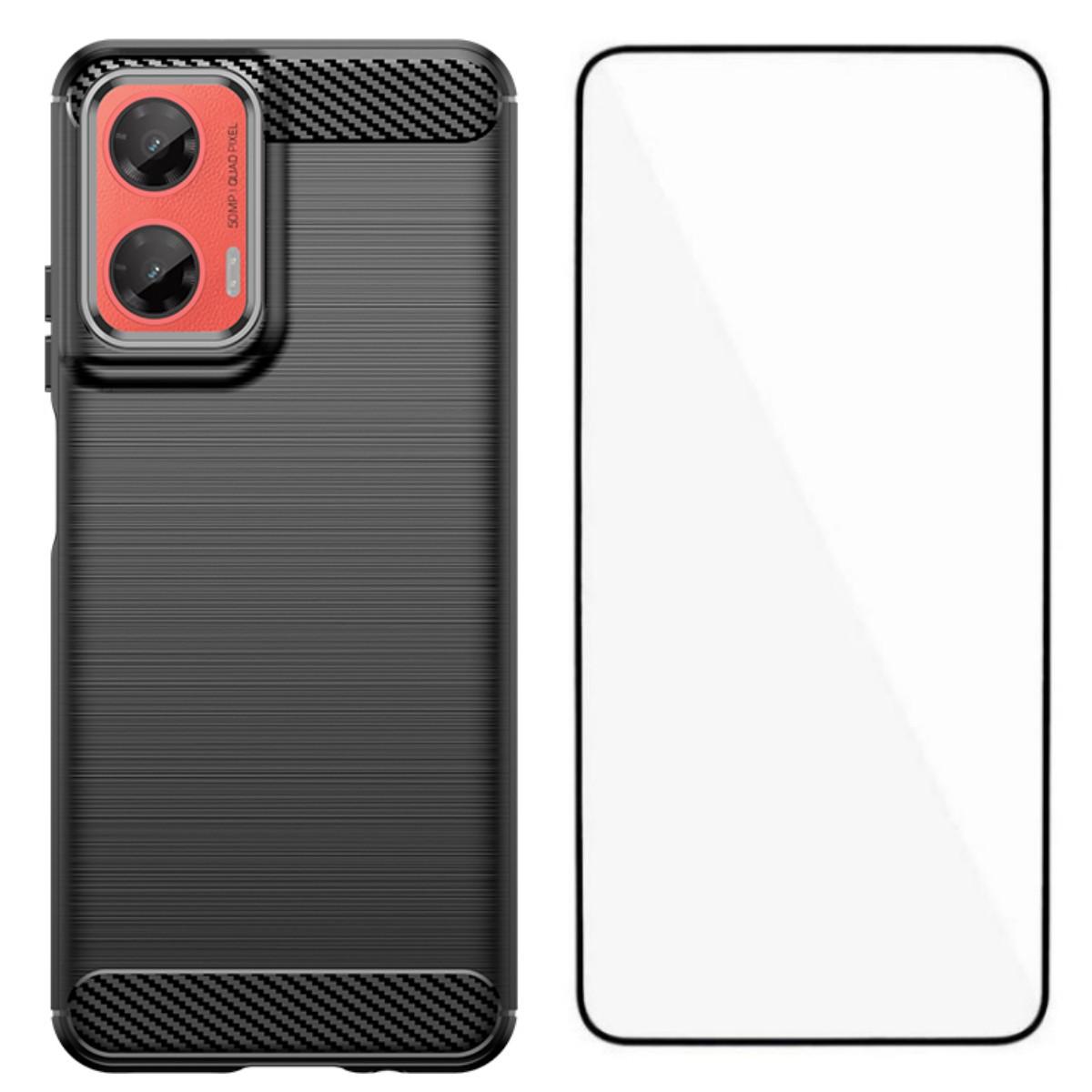 

For Motorola Moto G35 5G Case with Screen Film WANLONFENG LS Series Big Lens Hole Brushed Texture TPU Phone Cover Black