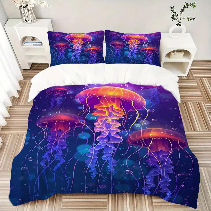 3pcs Colorful Jellyfish Bedding Set - Includes One Quilt Cover and Two Pillowcases (No Core) - Anime Cartoon Design for Bedroom Decor - Poly