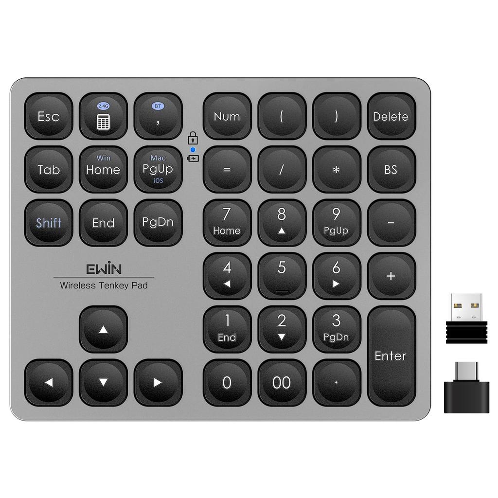 Ewin Numeric Keypad, Bluetooth 5.2 + 2.4G Connection, Wireless Numeric Keyboard, Connects Two Bluetooth Keyboards, Numlock Link, Type-C Charging, 37