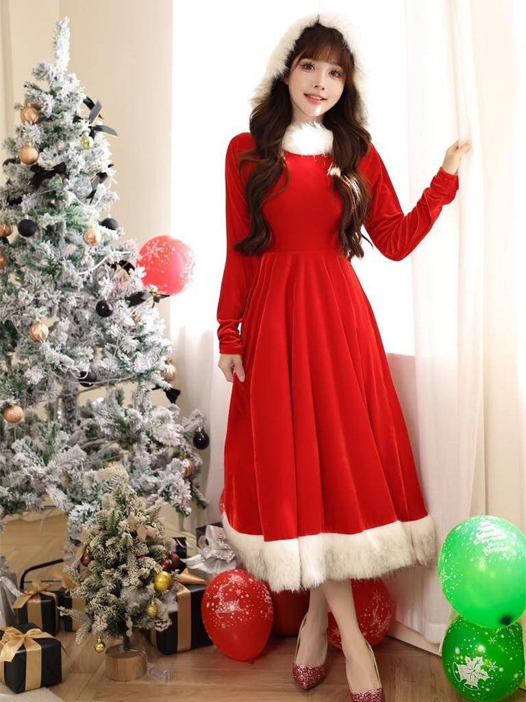 Shangki Santa Dress, Santa Claus Long Sleeve Dress with Hood, Red, Christmas Costume for Women, Party Wear, Cute Long Skirt (Size L, Red)