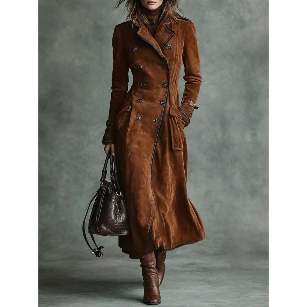 Women's Lapel Double Breasted Suede Long Sleeve Maxi Trench Coat