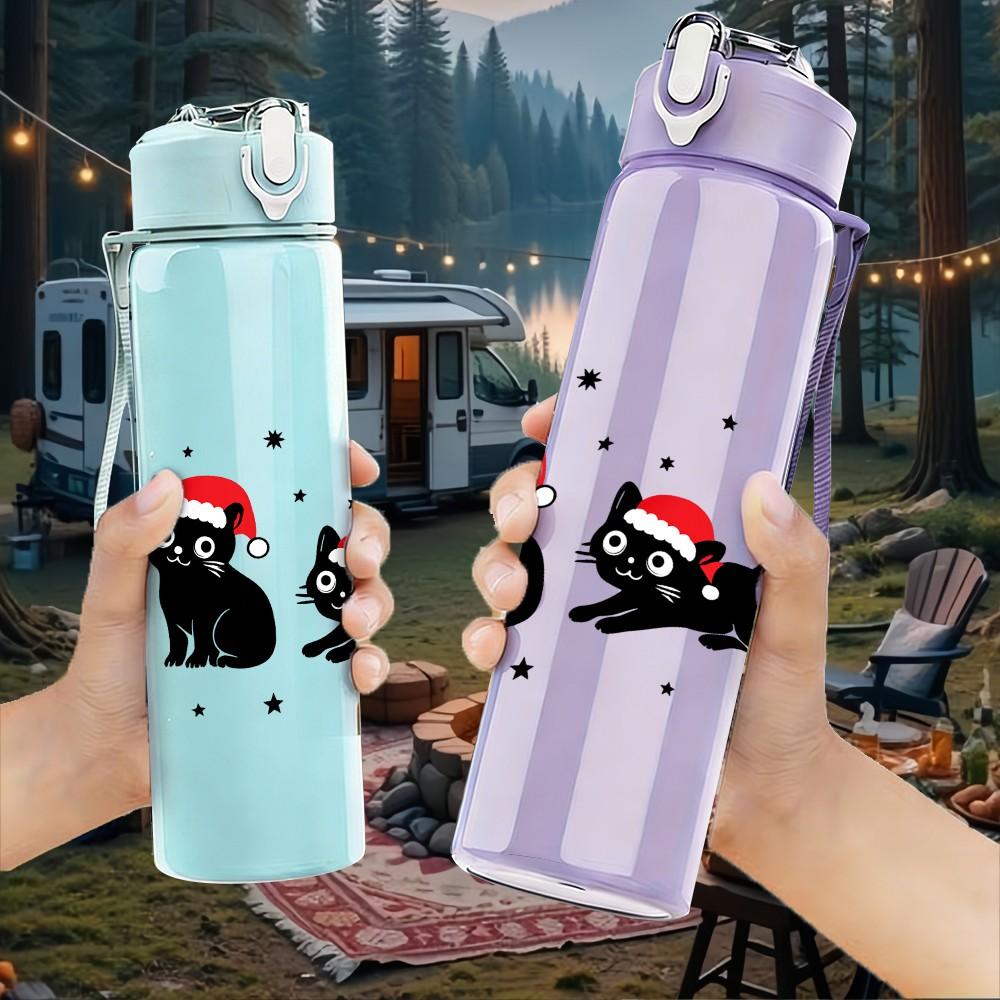 1PC Four Santa Black Cat Cartoon 750ml Color Plastic Sports Water Bottle Leakproof Flip Straw Lid Suitable for Sports Office Home Use