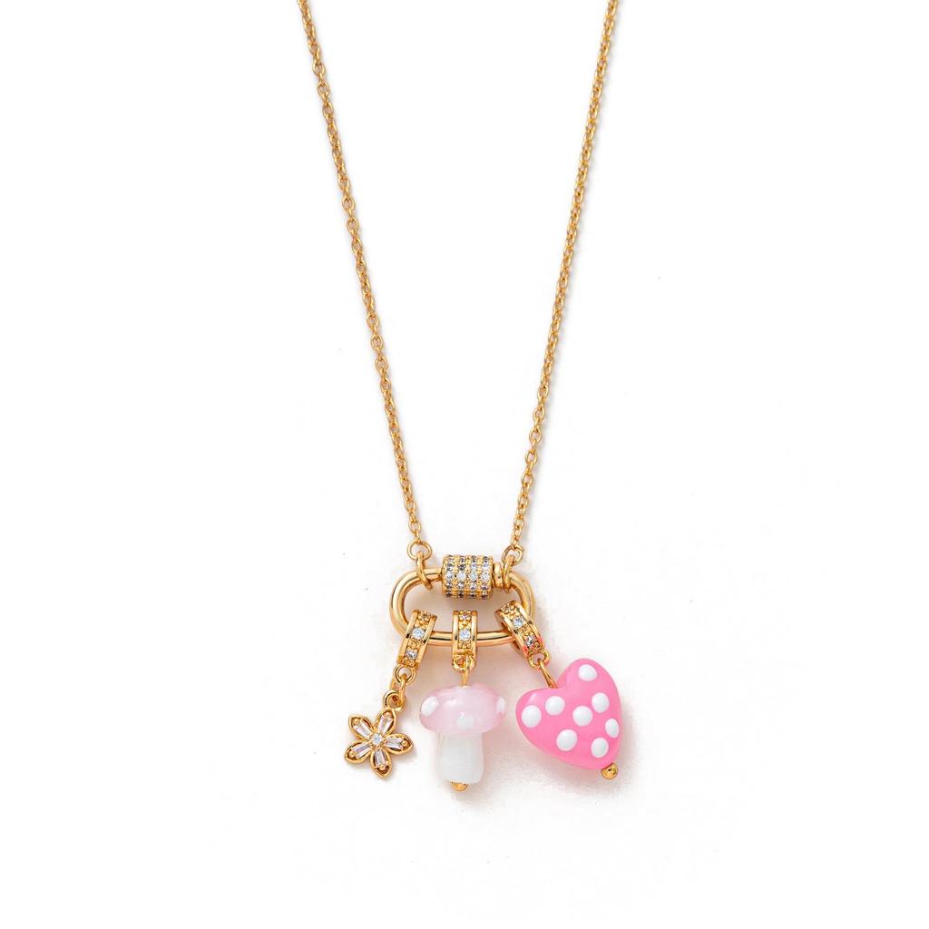 18K Gold Plated Multi-Pendant Necklace with Cross, Mushroom, Heart, Star, Pearl & Starfish on Titanium Steel