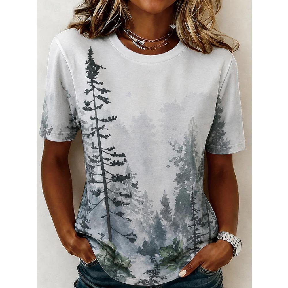 Fashion Women Retro Creative Mountain Forest Print T Shirt Funny Casual O-neck Short Sleeves T-shirt Summer Female Tee Shirt Halloween Limited Edition