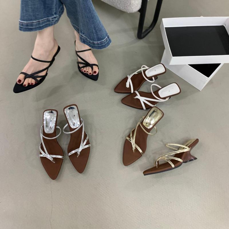 French pointed toe wedge slippers fairy shoes 2025 new summer with skirt toe silver Roman shoes