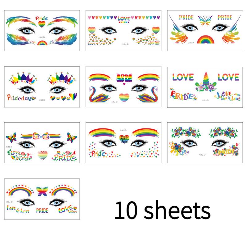 10sheets Rainbow Face Stickers| Colorful Heart, Butterfly, Flower & Swan Designs| Party Festival Temporary Tattoos & Body Art