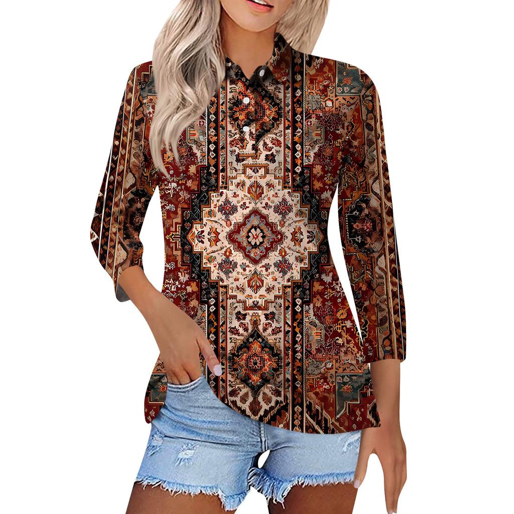 Women's Fashion Casual Lapel Short 3/4 Sleeve Print Shirt Women's Button Up Tops