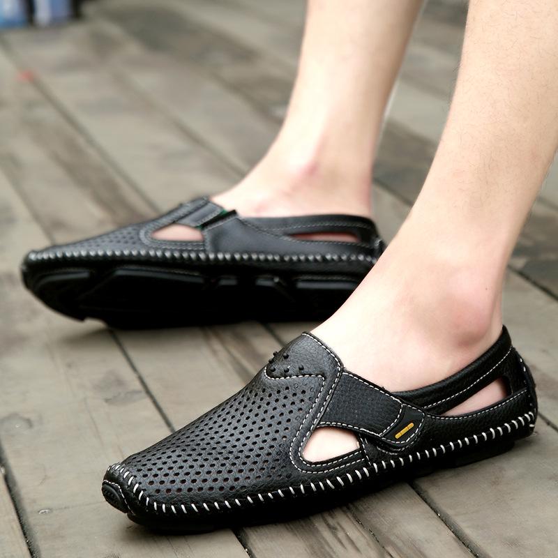 Summer New Men's Casual Hollow Breathable Doudou Shoes Comfortable, Light and Non-slip Hand-sewn Bag Head Sandals