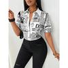 Women Summer Fashion Newspaper Print Button Down V Neck Shirt Blouse