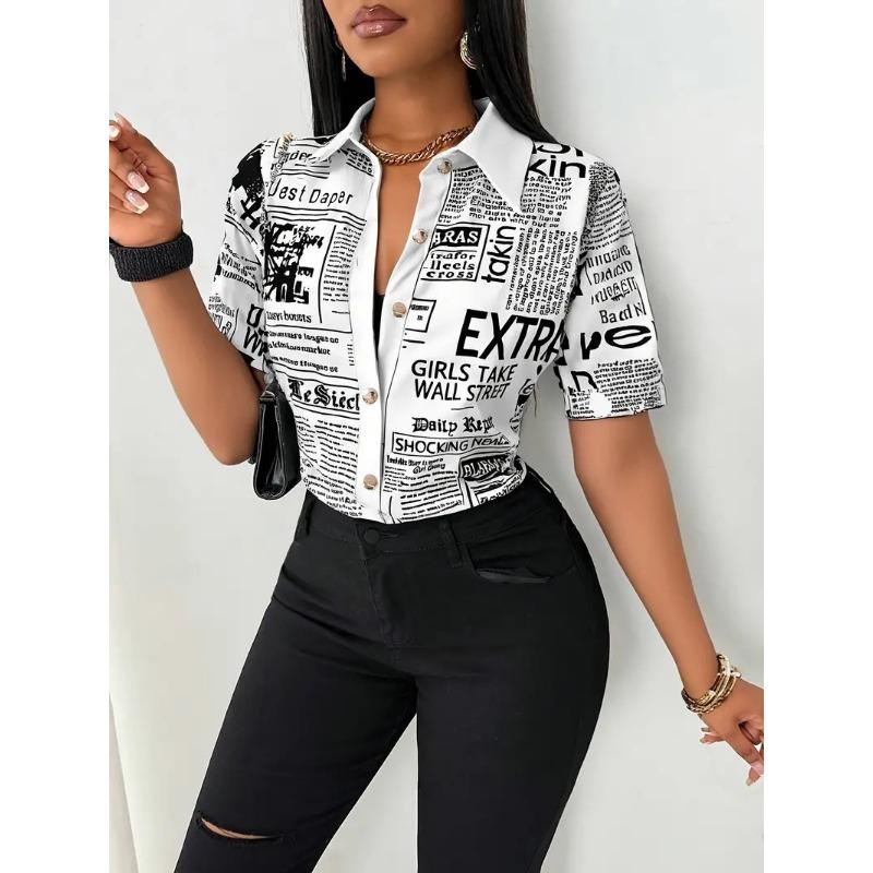 Women Summer Fashion Newspaper Print Button Down V Neck Shirt Blouse