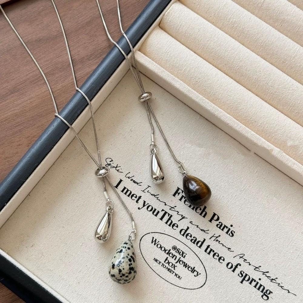 Tigerauge Stein Pulloverkette Titanstahl Anhänger Halskette Einfache Wassertropfenform Halskette