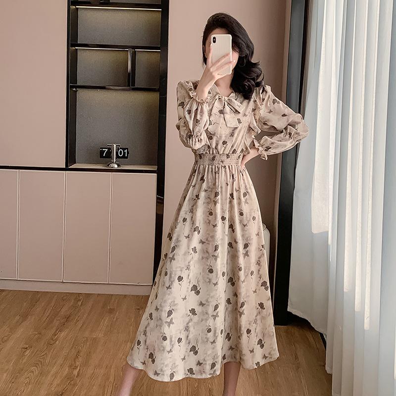 Korean Ruffle Print Chiffon Dress with Puff Sleeves