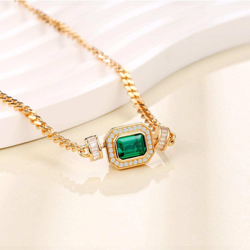 S925 Sterling Silver Square Pendant Necklace with Princess Cut Green Emerald and Champagne Gold, 50cm Retro Style
