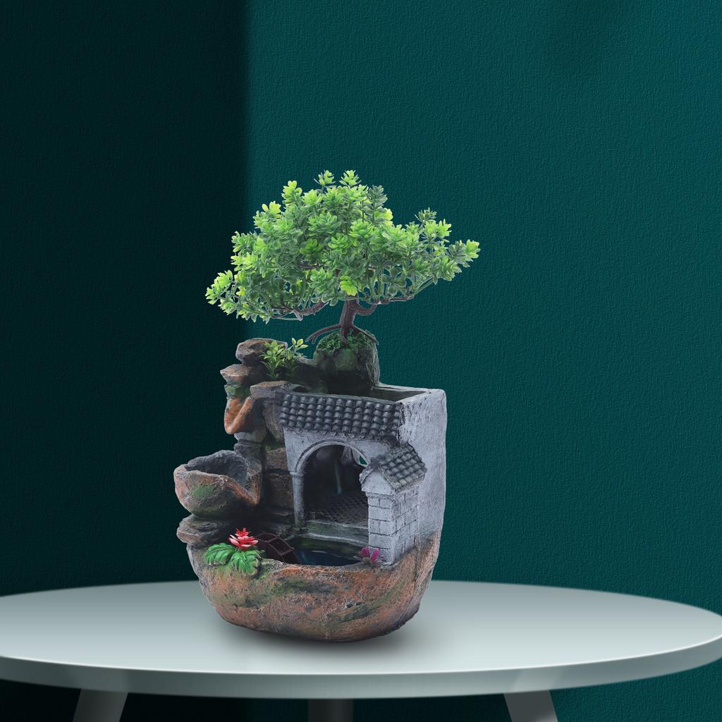 Desktop Fountain Rock Waterfall Humidifier with Artificial Tree &LED Light Feng Shui Decoration for Aquariums Office Décor