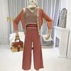 New Women Knitted Striped Cardigan Jacket Tank Pants 3 Pieces Clothing Set Knitting Sweater Suits