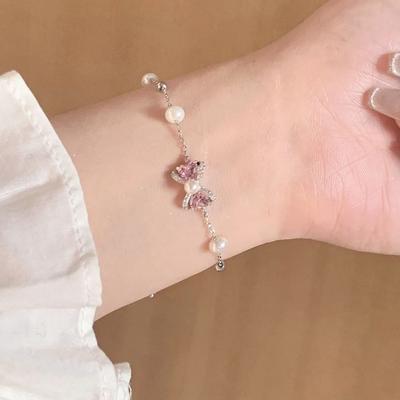 Cute Bow Bracelet for Women Elegant Pearl Crystal Silver Chain Accessories Jewelry