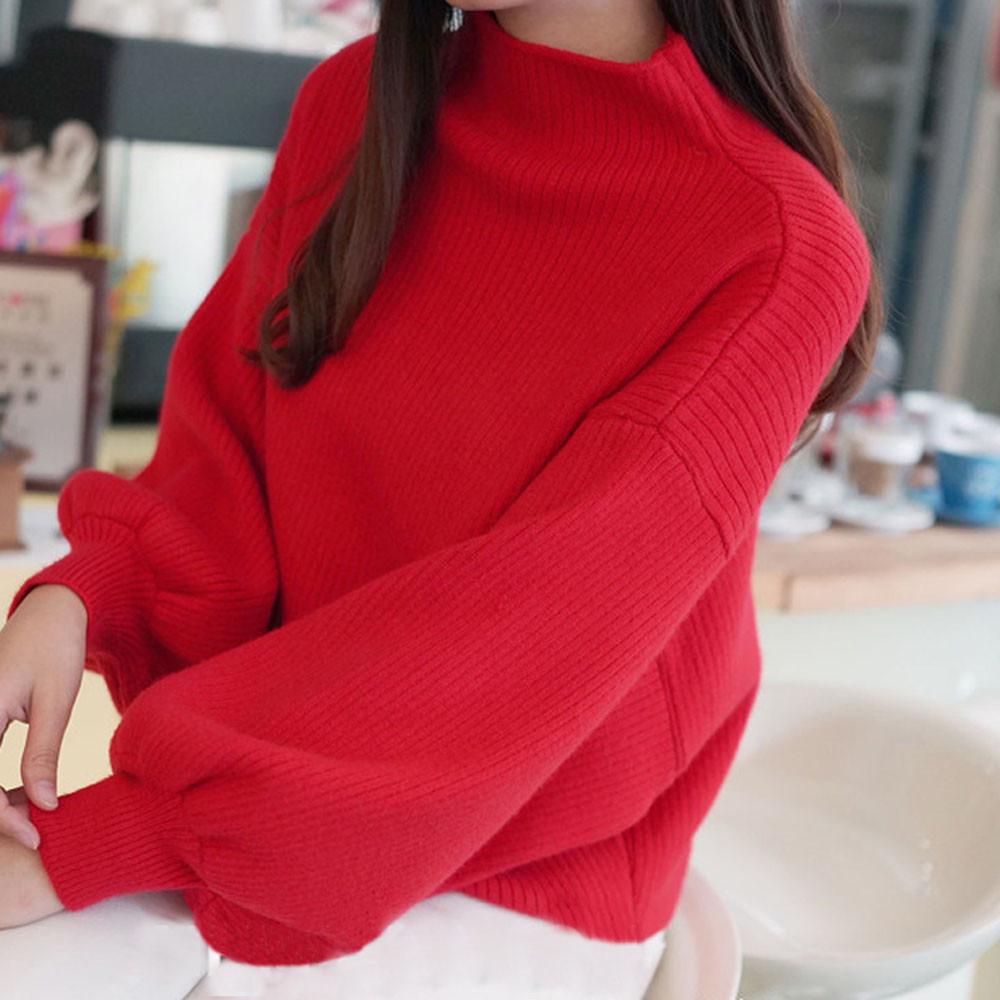 2019 Autumn/Winter Women's Korean Style Half-High Collar Pullover Sweater with Lantern Sleeves