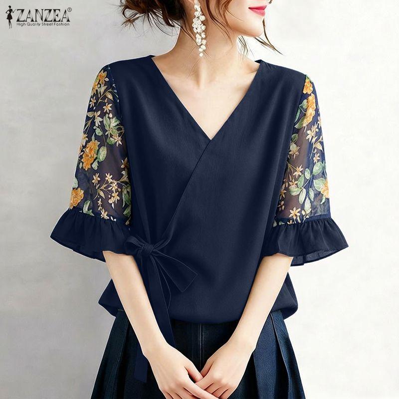 ZANZEA Women Casual V-Neck Loose Splice Half Sleeve Blouse