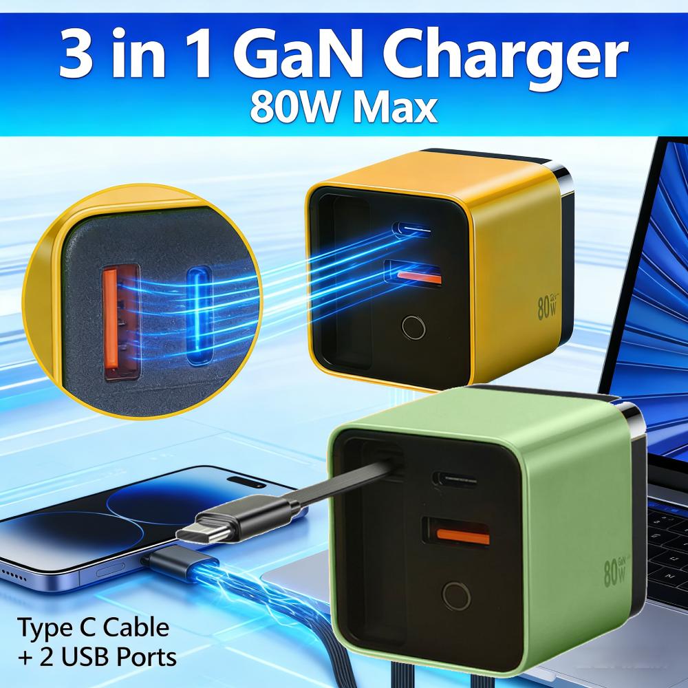 65W 3 In 1 Retractable Fast Charger Type C Cable 2 USB Ports Wall Plug for iPhone Laptops Multi-Device Fast Charger