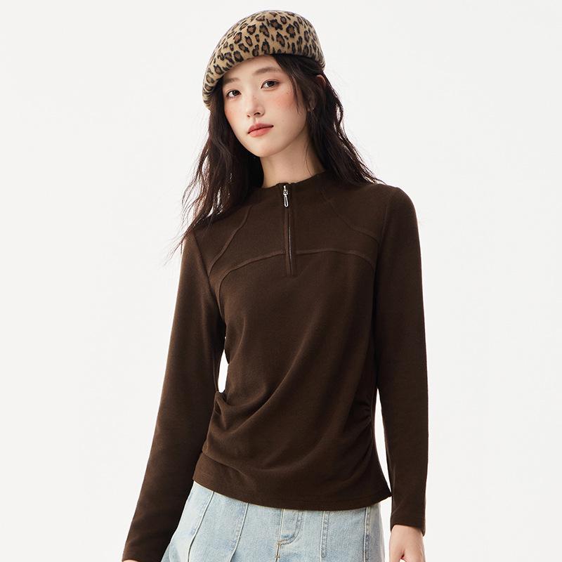 Women's Waist-Cinched Half-Zip Fleece Sweatshirt - Slimming Stand Collar Outerwear for Autumn/Winter
