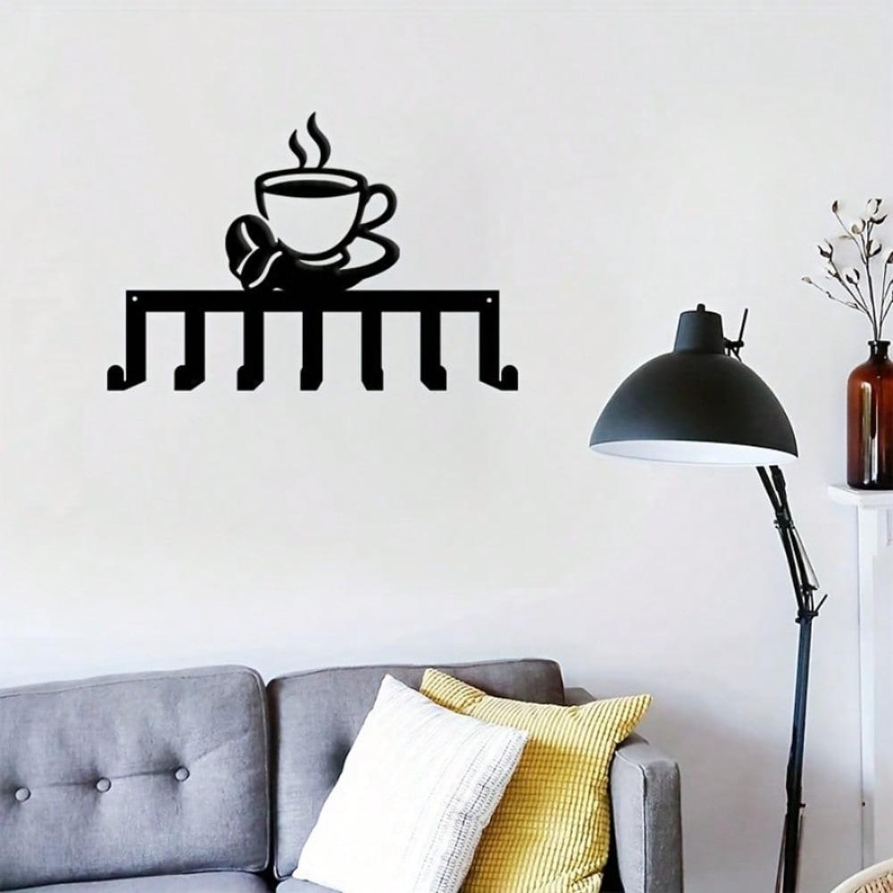 Metal Wall Key Holder with 7 Hooks for Coffee Lovers Modern Home Decor Wrought Iron Art