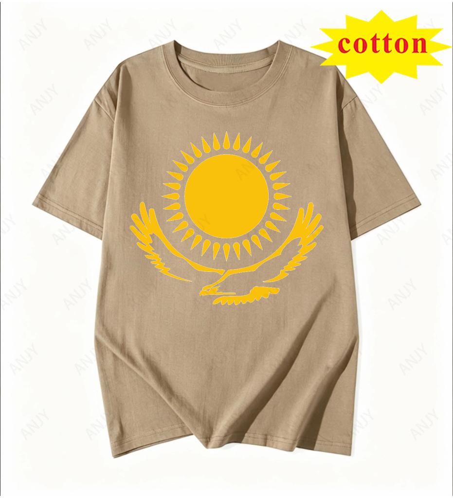 Kazakhstan National Emblem Sun Eagle Printed Short Sleeve Tshirt Ethnic Style Pure Cotton Unisex Top