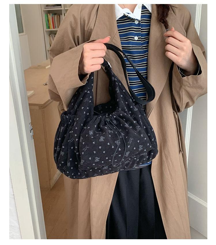High Quality Corduroy Women Bag Simple Cloth Shoulder Bag Large Capacity Crossbody Bag Cute Bow Print Messenger Soft Purse