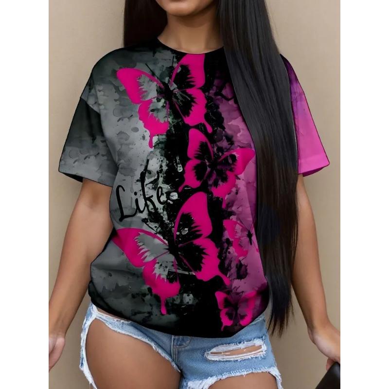 Modisches Damen Rundhals-T-Shirt Rundhals Kurzarm 3D Farbdruck