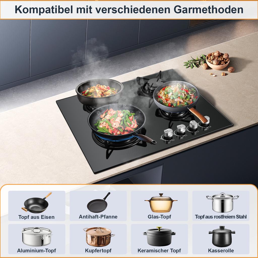 TopStrong 4-Burner Gas Cooktop, 60cm Gas Hob with Automatic Thermocouple Protection, Built-in 4 Zone Glass Gas Cooktop,NG/LPG