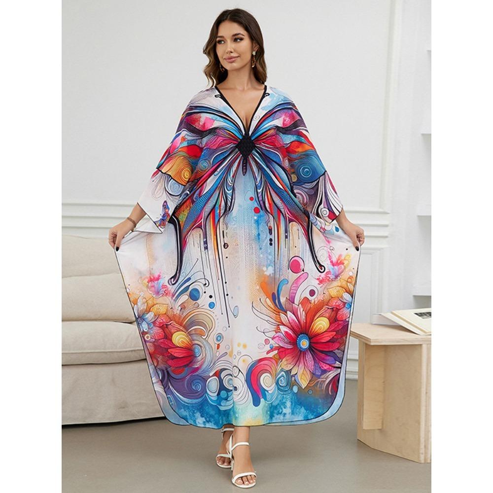 

Женское платье-кафтан в стиле бохо большого размера с контрастным принтом свободного кроя Vacay Beach One Size