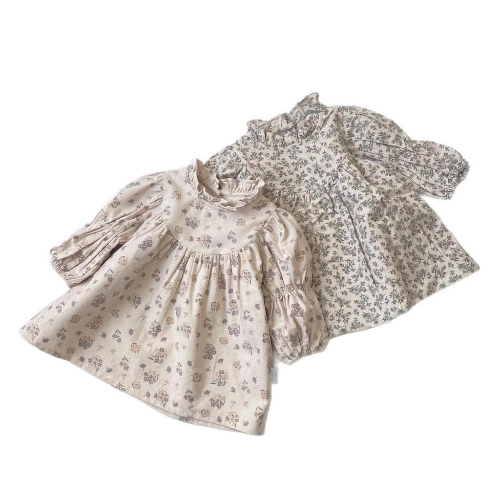 2026 Spring Collection: Retro Floral Puff Sleeve Cotton Princess Dress for Toddlers and Little Girls.