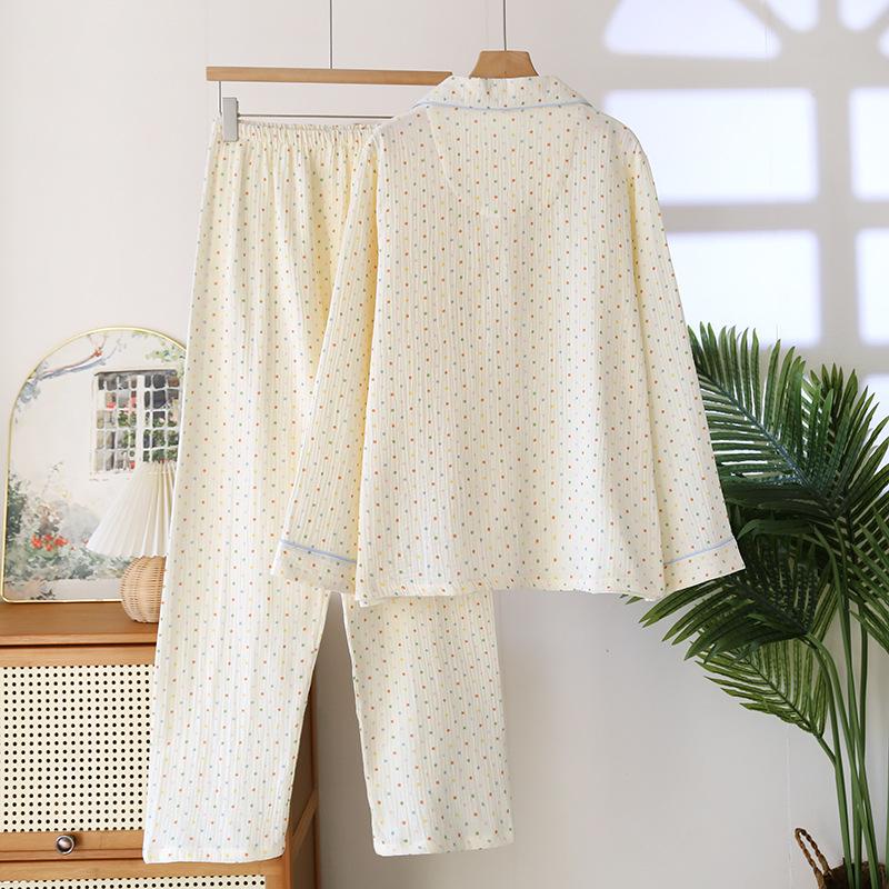 2026 Women's Spring New Pajama Set 100% Cotton Crepe Soft Collar Long Sleeve Two Piece Loose Home Clothes Sleepwear Ladies