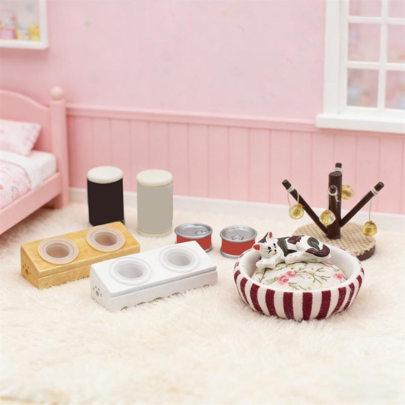 1/12 Doll House Miniature Cats Bed Set with Feeder Bowls for Enhanced Realistic Toy Collection Kids Pretend Play Activity