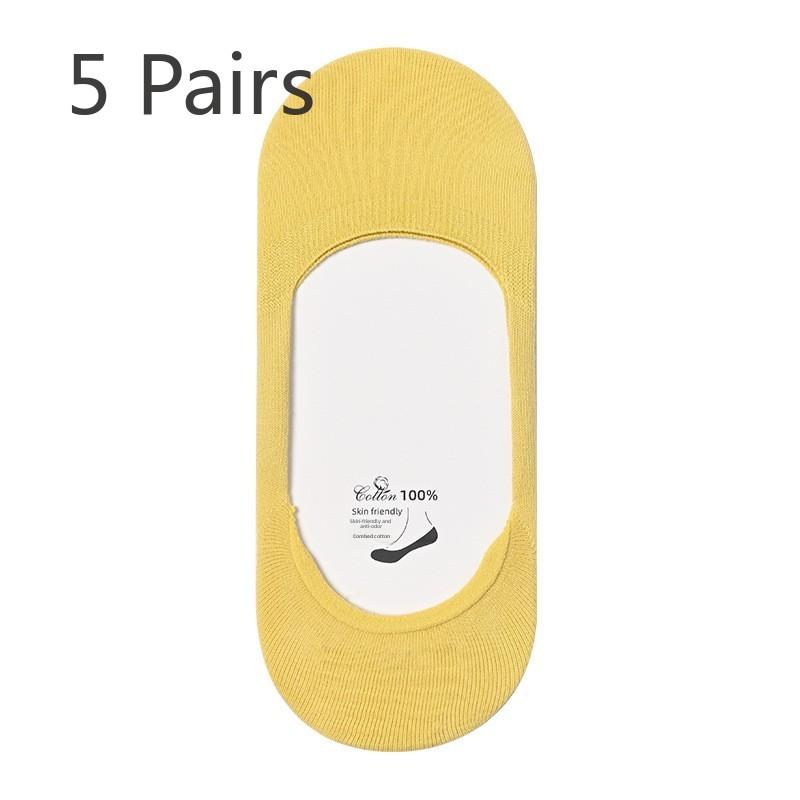 

5 пар женских летних носков с закрытым носком, полностью невидимых, тонких, дышащих, с нескользящей пяткой, из хлопка 5 Pairs жёлтый