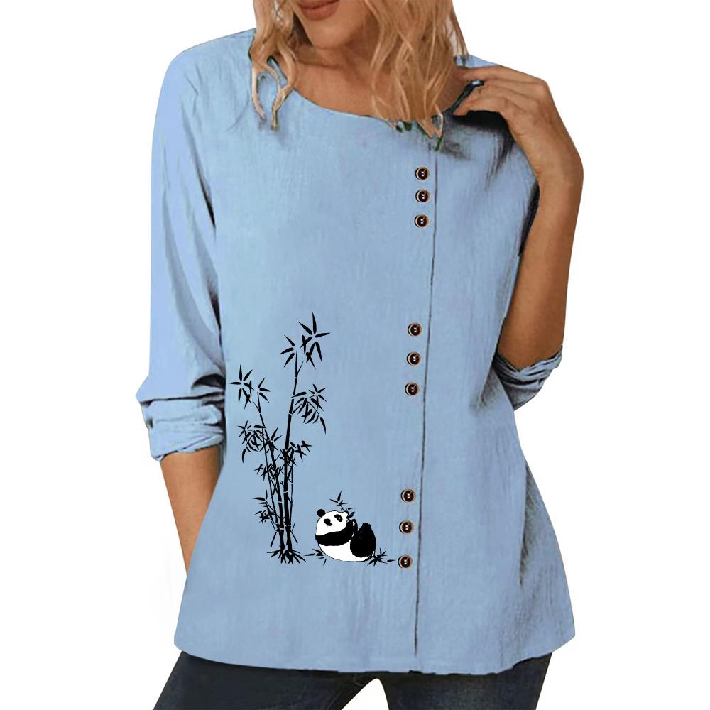 Ladies' Blue Casual Top with Chic Personality Prints, Round Neck, Short Sleeves, and Button Decorations In Sizes S-5XL