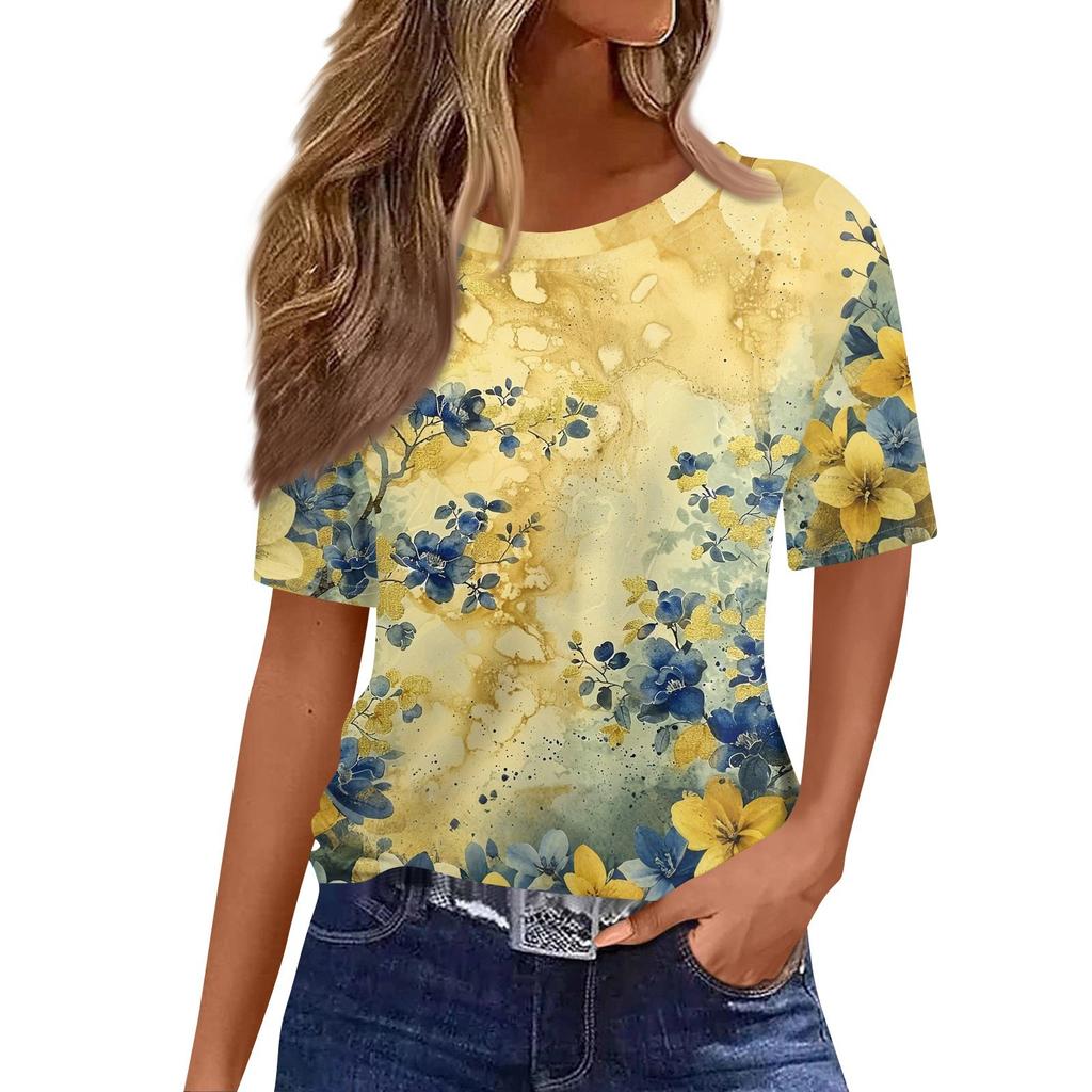 Γυναικείο Μοντέρνο Καθημερινό Μπλουζάκι Πουλόβερ με Μανίκι Κοντό και Εκτύπωση, Στρογγυλή Λαιμόκοψη